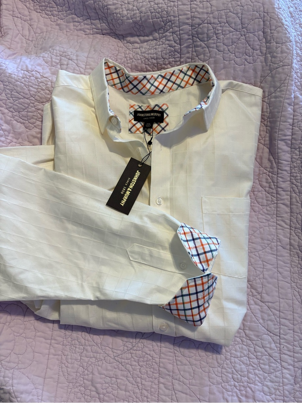 Johnston & Murphy White Dress Shirt with Orange & Blue Plaid Trim